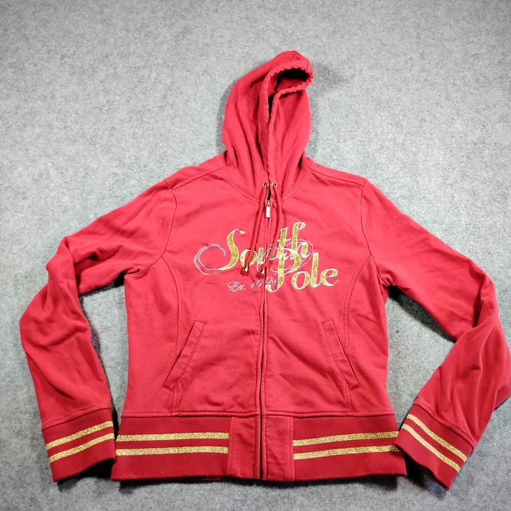 Southpole Girls XL Red Zip‎ Up Hoodie Gold Glitter Logo Streetwear Y2K